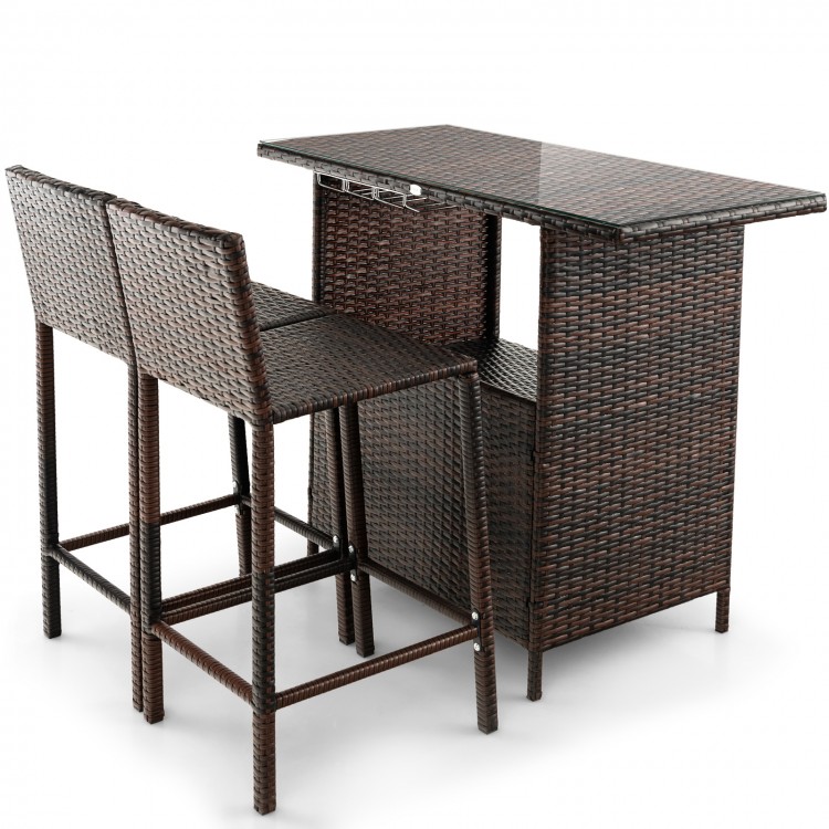 Outdoor wicker bar set featuring a bar table and two stools, crafted from durable brown PE rattan for poolside.